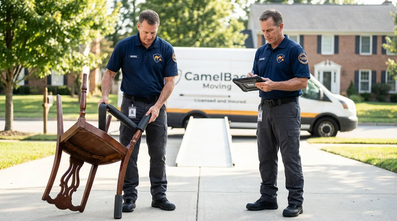 Movers inspecting furniture for damage prevention before loading in Martinsburg, PA