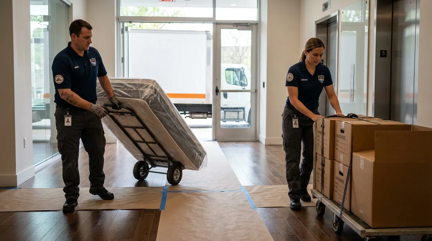 Professional apartment movers loading elevator in Martinsburg, PA